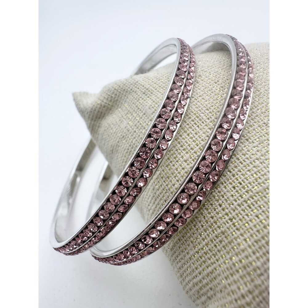Vintage Silver Tone Pink Rhinestone Bangle Bracelet Lot 8.25”